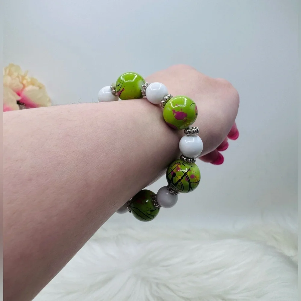 Lime Splash Statement Beaded Bracelet – White Accent Chunky Stretch Jewelry